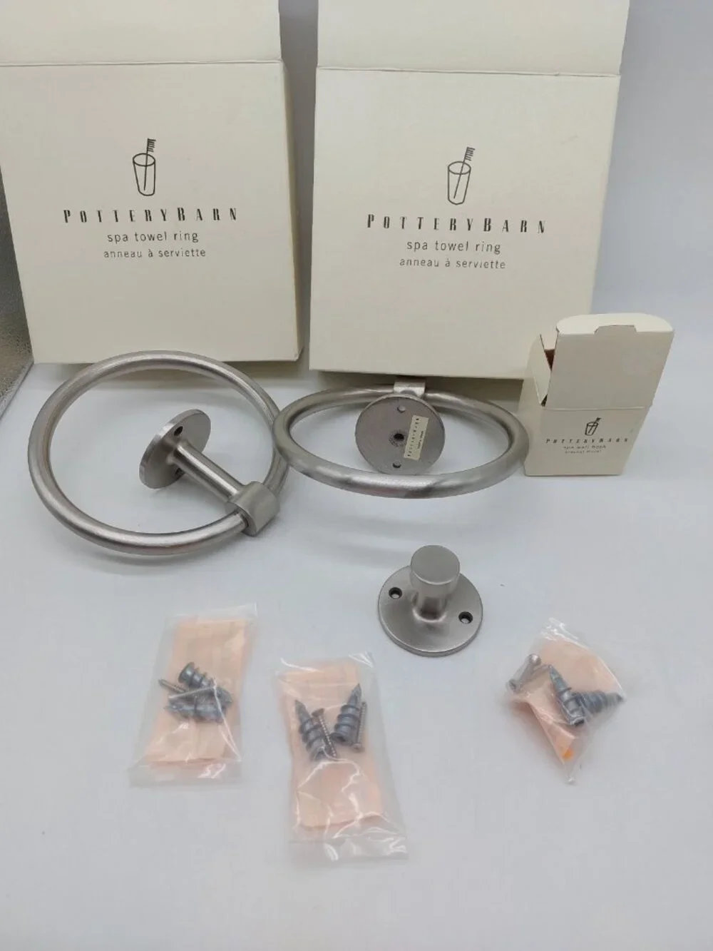 Pottery Barn Chrome Bath Round Towel ring Holder Set Of 2 And 1 Wall Hook READ